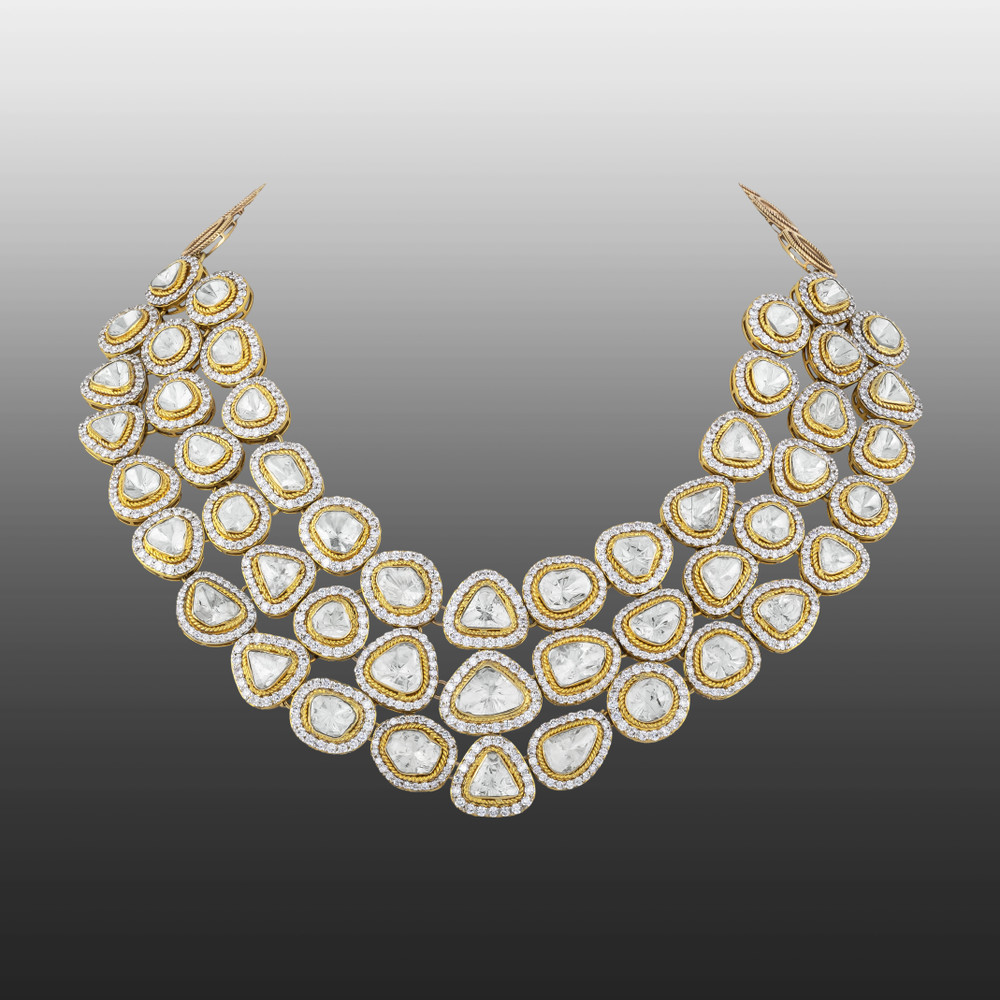 Layered Polki Necklace with Gold & Diamond Halos